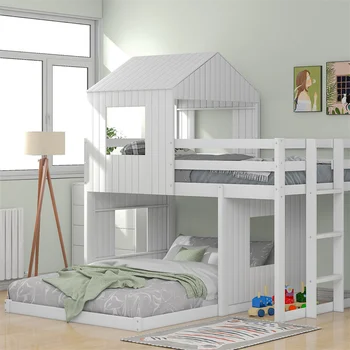 Деревянная Двухъярусная кровать-чердак с игровым домиком, Лесенкой и перилами, Белая Простая в сборке мебель для спальни
