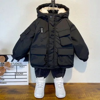Детская зимняя куртка для мальчиков, новое пуховое хлопчатобумажное черное пальто с капюшоном, верхняя одежда, детская парка для подростков 3-8 лет, зимний костюм с подкладкой