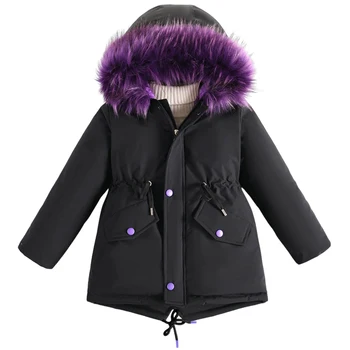 Детская куртка-парка с меховым капюшоном, толстая теплая пуховая куртка для девочек, плюшевое детское зимнее ветрозащитное пальто с хлопковой подкладкой, верхняя одежда