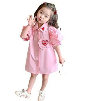 Детская одежда 2023, летние новые платья для девочек, однотонная милая юбка-поло с короткими пышными рукавами и лацканами