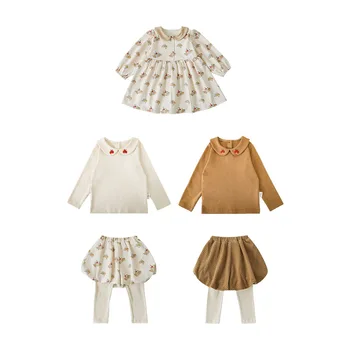 Детская одежда для девочек, футболка с длинным рукавом, поддельные штаны с двумя бутонами, комплект одежды, 2023, Осеннее новое милое платье для девочек с принтом