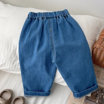 Детские джинсовые брюки с эластичной резинкой на талии, детские однотонные джинсы, брюки для маленьких девочек и мальчиков, весенне-осенние повседневные модные ковбойские брюки