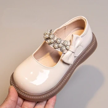 Детские туфли Мэри Джейнс для девочек, простые нескользящие балетки на платформе, модные однотонные туфли с жемчужным бантом, элегантные туфли принцессы из глянцевой кожи