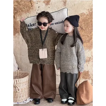 Детский свитер 2023 года, Новый модный осенне-зимний трикотаж в корейском стиле для мальчиков и девочек с круглым вырезом, классный мягкий свитер