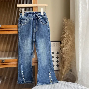 Джинсы для девочек 2023, осенние эластичные брюки средней и крупной длины с разрезом по краю и жемчугом для девочек