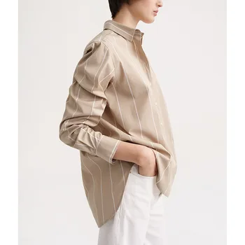 Женская хлопчатобумажная рубашка в полоску С длинным рукавом и отложным воротником, свободная повседневная блузка OL