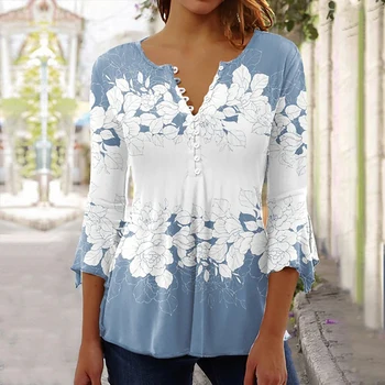 Женские рубашки с графическим принтом, 3/4 рукава, V-образный вырез, цветочные пуговицы, блузка, рубашка, модная элегантная уличная одежда, летние топы с длинными рукавами