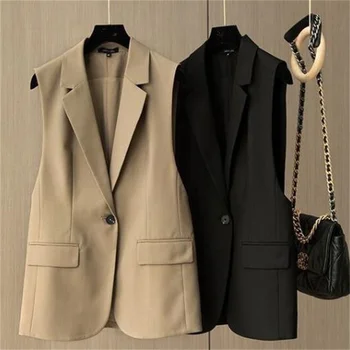 Женский костюм, жилет, куртка, весна и осень, новая свободная черная безрукавка с карманом