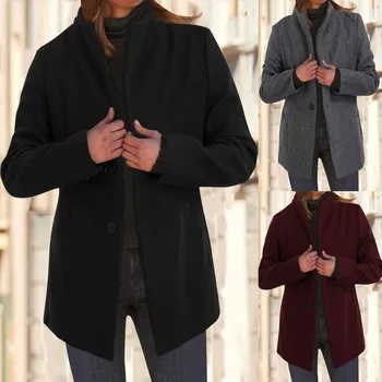 Женское осенне-зимнее теплое пальто средней длины в стиле ретро, повседневное однотонное шерстяное пальто на пуговицах, однотонная куртка, теплая ветровка L5