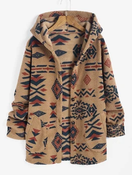 Женское пальто ZAFUL с капюшоном и карманами в геометрическом стиле с ацтекским принтом, длинное пушистое плюшевое пальто с гео-ацтекским принтом для зимы