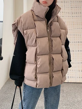 Зимний Пуховый жилет, женская куртка без рукавов Оверсайз, женское Корейское модное теплое пальто с хлопковой подкладкой, женская свободная повседневная верхняя одежда на молнии