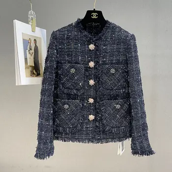 Клетчатый твидовый пиджак высокого качества, осень 2023 г., новый дизайн бренда, небольшой аромат, роскошное элегантное женское пальто-кардиган с короткой бахромой.