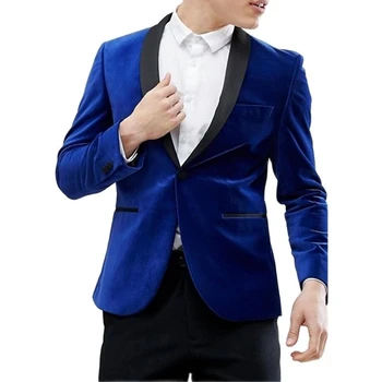 Комплект мужского костюма, высококачественная синяя бархатная куртка, блейзеры с черным воротником, брюки, пальто, элегантные куртки для жениха, мужской костюм на заказ