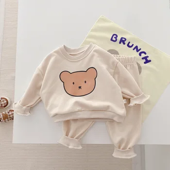 Комплект спортивной одежды с рисунком медвежонка, хлопковая толстовка + брюки для маленьких девочек и мальчиков, комплект из двух предметов, костюм для малышей