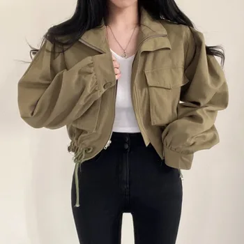 Корейская шикарная одежда Карго в стиле ретро, короткая куртка, Женская осенняя куртка с завязками и кисточками, куртка с большим карманом в стиле Bf, женская одежда