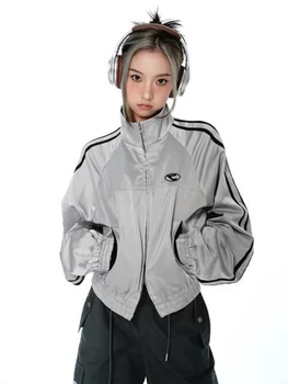 Корейские Женщины Acubi Уличная Одежда Винтажные Куртки Cyber Y2K Эстетическая Учебная Одежда Пальто Оверсайз На молнии Harajuku Топы На молнии Одежда