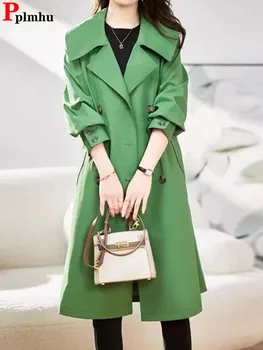 Корейские зеленые тренчи с двойной грудью, Повседневные Мешковатые куртки Миди, пальто, Рабочая одежда, Женские Весенне-осенние куртки, Новая верхняя одежда