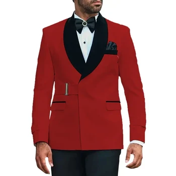 Красные мужские костюмы, 2 предмета, Дизайн пряжки, Двубортная шаль С лацканами, Мужская одежда, Свадебные костюмы, Смокинги для выпускного вечера Жениха, Пальто и брюки на заказ