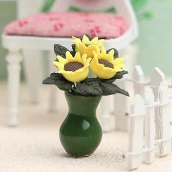 Кукольный домик 1:12, Миниатюрный Подсолнух в зеленой вазе, Имитационные модели цветочного горшка, Декор для дома и сада