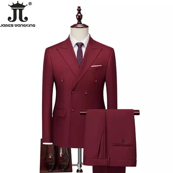 Куртка, брюки, модный бутик элитного бренда, однотонный двубортный костюм, комплект из 2 предметов, Приталенный мужской повседневный деловой офисный костюм