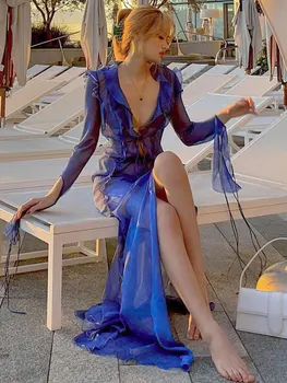 Летнее женское платье Dulzura с V-образным вырезом и рюшами, сексуальное платье с разрезом сбоку, прозрачное облегающее платье для вечеринки 2023 года.