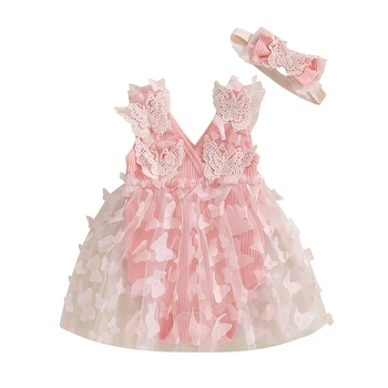 Летнее платье-комбинезон для новорожденных девочек с вышивкой бабочкой, без рукавов, с V-образным вырезом, тюлевый комбинезон с бантом на голове