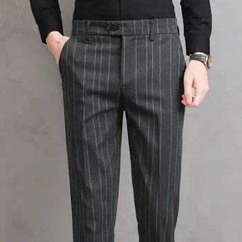 Летние брюки для костюма в тонкую полоску, мужские облегающие серо-черные деловые брюки для мужчин, одежда в корейском стиле 2024 года
