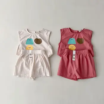 Летний Новый детский комплект одежды без рукавов для маленьких мальчиков и девочек, футболка с красочным рисунком + шорты, костюм из 2 предметов, повседневная одежда для детей