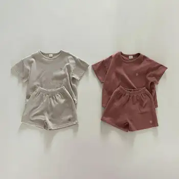 Летний Новый комплект одежды с короткими рукавами для малышей, хлопковая дышащая детская свободная спортивная одежда, топы для мальчиков + брюки, костюм из 2 предметов