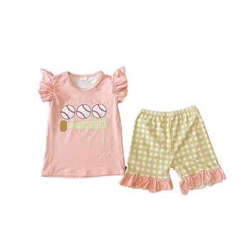 Летняя одежда для девочек для малышей, молочная шелковая ткань с бейсбольным рисунком розовой серии small flying sleeve top + шорты + комбинезон s