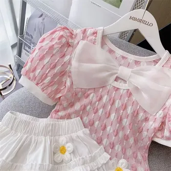 Летняя одежда для подростков 2023 года для маленьких девочек розовая кружевная рубашка блузка + белая юбка принцессы Детский комплект 6 7 8 9 10 11 12 13 14 лет