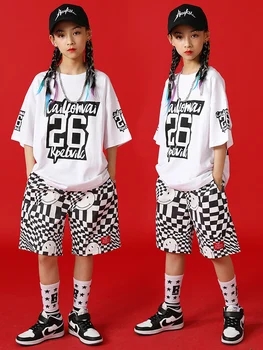 Летняя одежда для танцев в стиле хип-хоп для мальчиков, свободная белая футболка, шорты с сеткой, одежда для уличных танцев для девочек, детская повседневная одежда BL10324