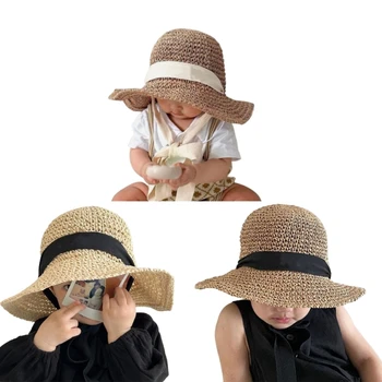 Летняя шляпа Соломенная кепка Пляжные солнцезащитные шляпы для маленькой девочки Реквизит для фотосъемки малышей Солнцезащитная шляпа с широкими полями D7WF