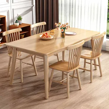 Многофункциональный обеденный стол для гостиной, прямоугольный обеденный стол из скандинавского дерева, 6 стульев, мебель для гостиной