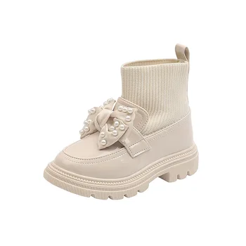 Модные ботинки для девочек, Вязаные с бантом, лоскутные ботильоны, Высококачественные Детские носки из искусственной кожи, Обувь, нескользящая Повседневная обувь G229