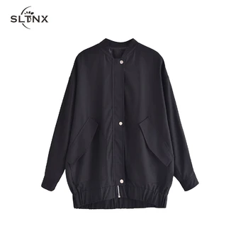 Модные куртки SLTNX для женщин 2023, пальто-бомберы, женская шикарная черная повседневная куртка-бомбер с карманами, женская Длинная верхняя одежда, новинка