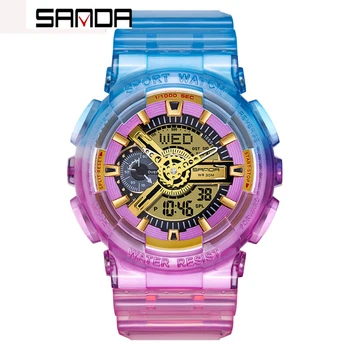 Модные мужские кварцевые часы бренда Sanda с электронным дисплеем, светящиеся светодиодные трендовые мужские часы, Водонепроницаемость 50 м, Reloj Hombre