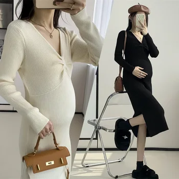 Модный женский вязаный свитер, платье для беременных, длинное платье