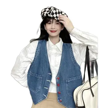 Модный короткий джинсовый жилет, женский Весенне-осенний дизайн, ковбойская куртка без рукавов, Повседневный женский джинсовый жилет в стиле ретро