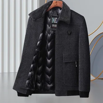 Мужская зимняя термокуртка с меховой подкладкой, брендовое деловое Повседневное Теплое Шерстяное пальто с отложным воротником для мужчин s