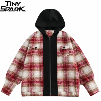 Мужская уличная одежда в стиле хип-хоп, куртка с капюшоном, пальто, Ретро Красная клетчатая куртка, ветровка, спортивная куртка Harajuku, толстовка в клетку, винтаж