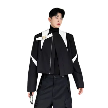 Мужские Короткие куртки со стоячим воротником и кожаной пряжкой, мужская Корейская уличная одежда, Модная Винтажная куртка, верхняя одежда, Сценическая одежда