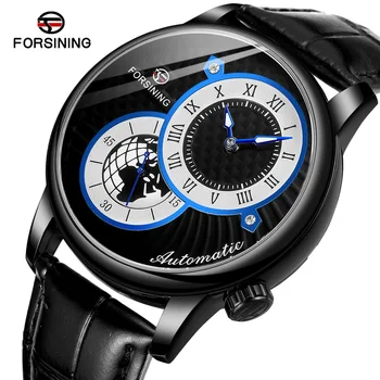 Мужские часы с двойным круговым рисунком Земли из кожи и сетки Forsining Top Brand, стальные автоматические механические часы с отверстиями