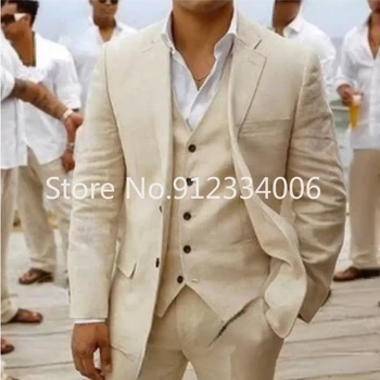 Мужской костюм 2023 года, льняные бежевые пляжные свадебные костюмы для мужчин, повседневный мужской блейзер, смокинг жениха на заказ, куртка, брюки, комплект мужских костюмов
