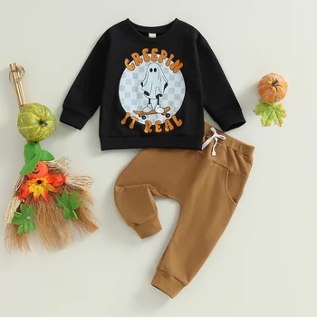 Наряд для мальчика на Хэллоуин с длинным рукавом и цветочным принтом в виде тыквы, Толстовка, Брюки, комплект из 2 предметов