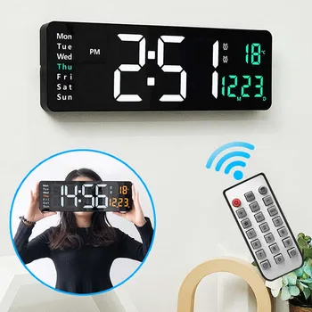 Настенные цифровые настенные часы с дистанционным управлением, отображение температуры, даты, недели, отключение питания, настольные часы с памятью, двойные будильники, светодиодные большие часы
