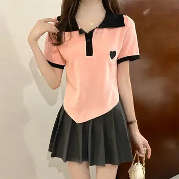 Необычная короткая блузка женская лето 2023, новая корейская версия футболки с воротником поло love с короткими рукавами, черная
