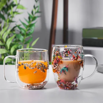 Новая креативная Стеклянная Кружка с двойными стенками и забавным прозрачным цветком, Чашка для кофе, сока, молока, воды, Персонализированный Подарок