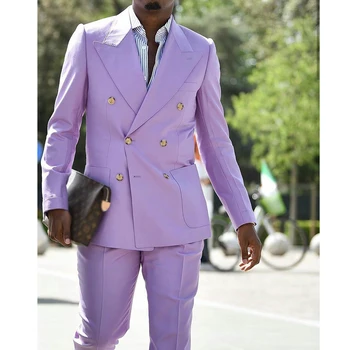 Новое поступление, Мужские костюмы, фиолетовый Модный Двубортный блейзер с отворотом, Элегантный повседневный Свадебный смокинг жениха, костюм из 2 предметов, приталенный крой