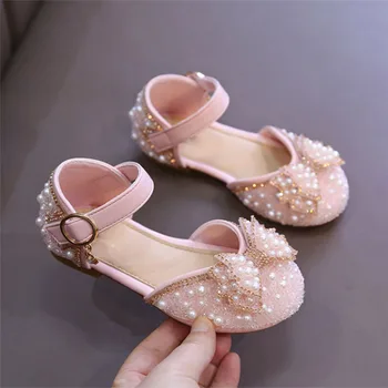 Новые сандалии для девочек, Детская кожаная обувь, обувь для выступлений с жемчугом, летние туфли принцессы с ремешком на щиколотке, Детские сандалии 281R